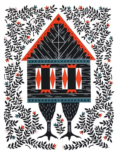 Wolves Illustration, Baba Yaga House, California Bay Area, Baba Jaga, Folklore Art, Russian Folk Art, Acrylic Gouache, Baba Yaga, Russian Folk