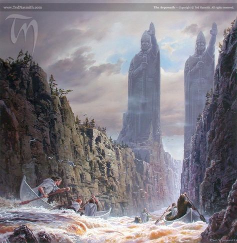 The Argonath - "Upon great pedestals founded in the deep waters stood two great kings of stone: still with blurred eyes and crannied brows they frowned upon the North. The left hand of each was raised palm outwards in gesture of warning; in each right hand there was an axe; upon each head there was a crumbling helm and crown. Great power and majesty they still wore, the silent wardens of a long-vanished kingdom". The Argonath, Ted Nasmith, Tolkien Artwork, J.r.r. Tolkien, John Howe, Middle Earth Art, Lotr Art, Tolkien Art, Heroic Fantasy