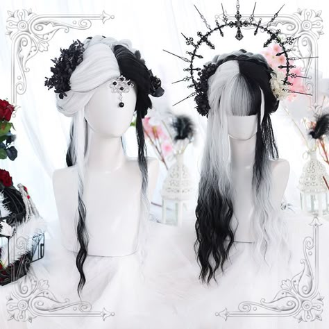 Lolita Black White Wig BE951 Color:black whiteMaterial: high-temperature wireSize: 70cm Black And White Wig, Black And White Hair, White Wig, Kawaii Wigs, Pelo Anime, Anime Wigs, Hair References, Black And White Girl, Cosplay Hair