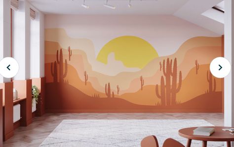 desert mural Desert Theme Bedroom, Magical Kids Room, Desert Mural, Desert Wallpaper, Kids Room Interior, Mountain Mural, Interior Murals, Palm Leaf Wallpaper, Kids Room Murals