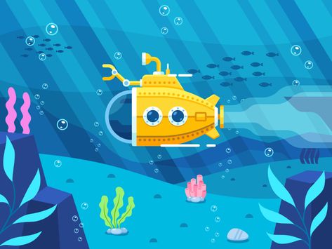 Underwater Vector Illustration, Undersea Illustration, Submarine Illustration, Under The Sea Illustration, The Yellow Submarine, Sea Vector, Coral Flats, Ocean Illustration, Sea Illustration