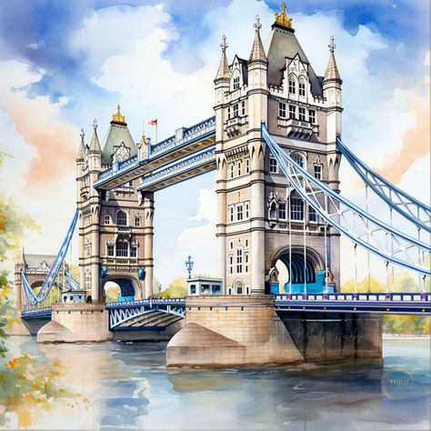 The painting captures a daytime scene of Tower Bridge spanning across the River Thames. The bridge's distinct Victorian Gothic architecture is prominent, with its two towers rising majestically into the sky. Beige tones dominate the buildings and architectural details of the bridge, evoking the warmth of sunlight reflecting off the stone. Green hues are used to depict the lush foliage along the riverbanks and perhaps some surrounding trees or gardens. Blue tones dominate the sky and the water, ranging from light, airy blues to deeper shades that reflect the depth of the river. The overall atmosphere of the painting is tranquil and inviting, capturing the peacefulness of a clear day along the river. The play of light and shadow adds depth and dimension to the scene, with sunlight gently ill Tower Bridge Painting, Bridge Painting, Tower Bridge London, Digital Screen, Beige Tones, Landscape Art Painting, Green Hues, River Thames, Fantasy Art Landscapes