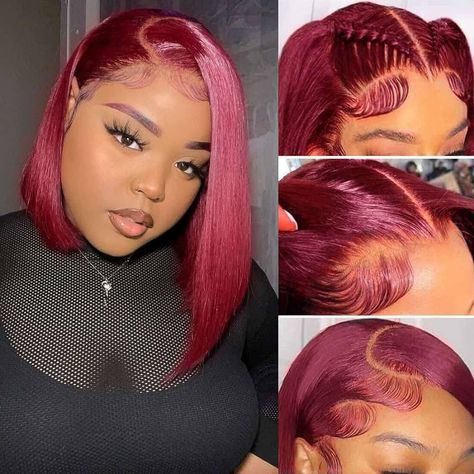 Amazon.com : 99J Burgundy Lace Front Wigs 13x4 HD Lace Frontal Glueless Straight Short Bob Wig Human Hair Bob Wigs for Black Women Human Hair Pre Plucked Natural Hairline Wine Red 12 Inch : Beauty & Personal Care Kort Bob, Blond Ombre, Corte Bob, Bouncy Hair, Human Wigs, Bob Lace Front Wigs, Wig Human Hair, Burgundy Hair, Wigs Human Hair