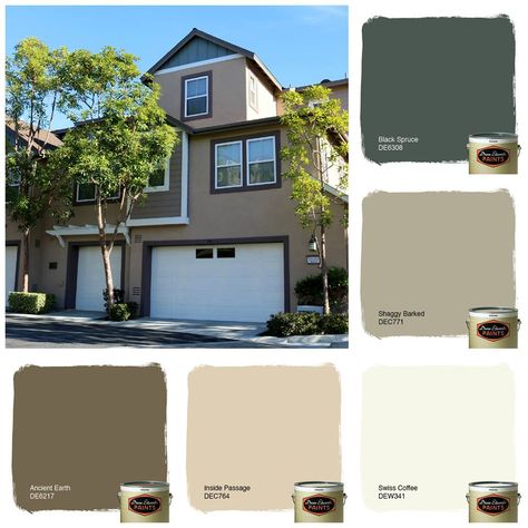 Another beautiful Color Scheme that our crew painted at Branches in Ladera Ranch. Don’t the colors just go great together?! Get the look with these Dunn Edwards colors.  DEC764 Inside Passage DEC771 Shaggy Barked DEW341 Swiss Coffee DE6217 Ancient Earth DE6308 Black Spruce   Contact Daniel (OC) 714-553-7132, Daniel@pilotpainting.com or Shelly (IE) 714-395-7527, Shelly@pilotpainting.com for all your painting and reconstruction needs.#pilotpaintingandconstruction #dunnedwards #paintchip Dunn Edwards Exterior Paint Colors, Dunn Edwards Colors, Exterior Paint Schemes, Painting Trim White, Best Exterior Paint, Black Spruce, Paint Color Ideas, Bedroom Furniture Makeover, Swiss Coffee