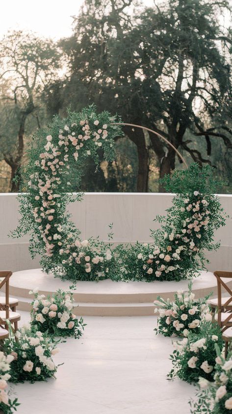 Wedding altar Ideas with circular floral arch on a stage. Wedding Alter Ideas, Wedding Altar Ideas, Wedding Altar Decorations, Aisle Florals, Altar Flowers Wedding, Floral Wedding Arch, Floral Arches, Wedding Altar, Altar Ideas