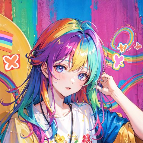 Rainbow Dyed Hair, Hotel Artwork, Rainbow Drawing, Female Character Inspiration, Blue Anime, Rainbow Aesthetic, Anime Wallpaper Phone, Pretty Images, Geek Girls