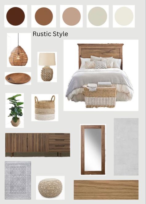 Rustic style bedroom Modern Rustic Mood Board, Rustic Mood Board, Scandinavian Interior Design Bedroom, Rustic Style Bedroom, Bedroom Mood Board, Rustic Design Style, Color Palette Interior Design, Cozy Colors, Rustic Bedroom Design