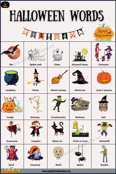 Halloween Words: 25 Interesting Halloween Vocabulary Words - English Study Online Language Halloween Activities Preschool, Halloween Kids Worksheets, Halloween Esl Activities, Halloween English Worksheets, Halloween English Activities, Halloween Esl, Halloween Worksheets For Kids, Halloween Games Online, Halloween Worksheet