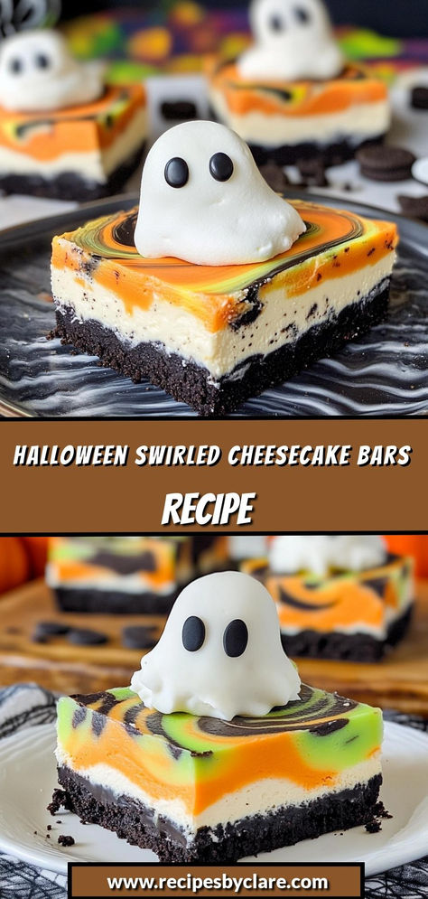 Deliciously spooky cheesecake bars with a fun Halloween swirl—perfect for festive treats that are as tasty as they are eye-catching!

Ingredients:

1 ½ cups graham cracker crumbs
16 oz cream cheese, softened
½ cup orange food coloring
¼ cup black food coloring
These vibrant cheesecake bars feature a creamy, swirled filling atop a buttery graham cracker crust, making them a festive and delicious Halloween treat! No Bake Cheesecake Halloween, No Bake Halloween Cheesecake, Mini Cheesecakes Halloween, Halloween Cheesecake Cups, Halloween Cheesecake Bars, Halloween Themed Cheesecake, Halloween Mini Cheesecakes, Halloween Cheesecake Ideas, Spooky Cheesecake