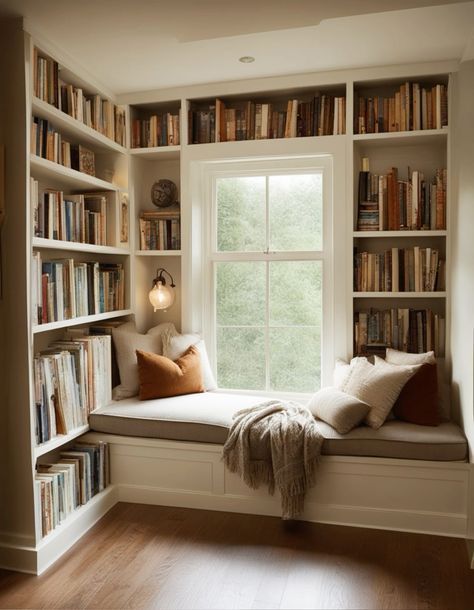 Bookshelf Around Window Office, Sitting Area In Front Of Window, Window Seat Library Nook, Reading Nook And Office, Home Library Window Seat, Book Shelves Around Window, Sunroom Bookshelves, Reading Window Seat, Window Seat Bookshelf