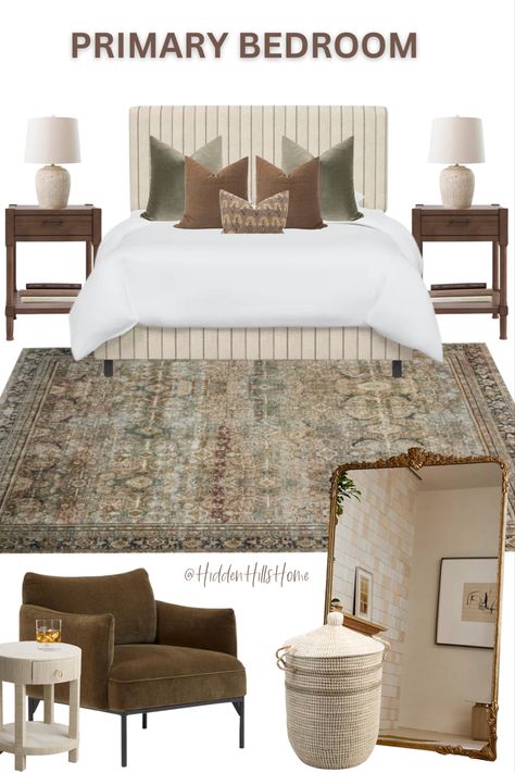 Primary bedroom mood board inspired by amber interiors with a striped upholstered bed and a moody rug Bedroom Mood Board, Sage Green Bedroom, Hm Home, Beige Bedroom, Brown Bedroom, Vintage Bedroom, Traditional Bedroom, Bedroom Green, Master Bedrooms Decor