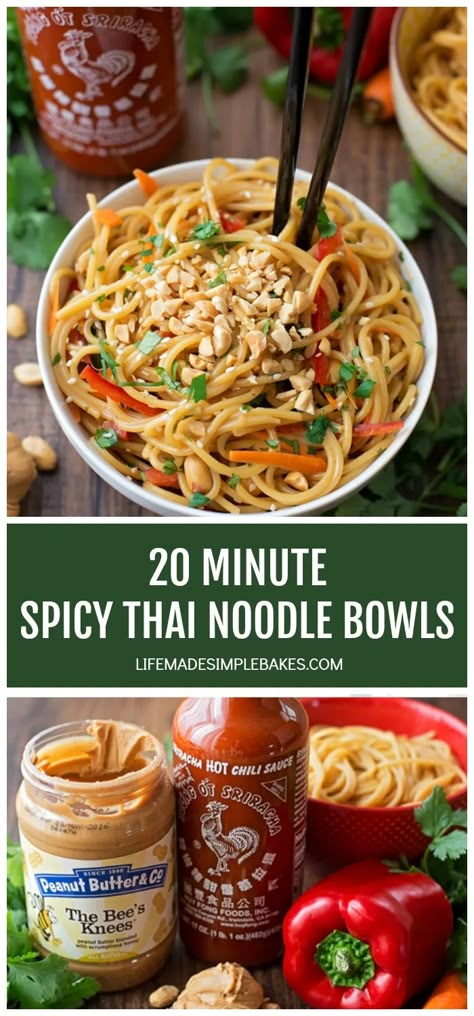 These 20 minute Thai noodle bowls are so easy to whip up! They're packed full of sweet and spicy Thai flavor! #thainoodlebowls #spicythainoodlebowls #20minutenoodlebowls #thainoodles #spicythainoodles Spicy Thai Noodles, Noodle Bowls Recipes, Life Made Simple, Thai Noodles, Spicy Thai, Full Of, Noodle Bowls, Noodle Dishes, Asian Cooking