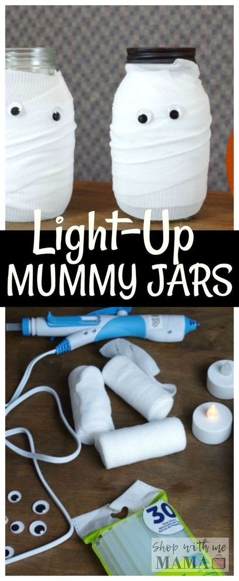 Mummy Jars, Mummy Jar, Mason Jar Ideas, Halloween Lights Decorations, Halloween Mason Jars, Homemade Halloween Decorations, Crafts For Teens To Make, Halloween Arts And Crafts, Jar Ideas