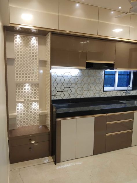 Kitchen storage with pooja space by vr interior designerss asian plywood | homify Kitchen And Mandir Partition, 2bhk Kitchen Design, Small Pooja Unit In Kitchen, Puja Room In Kitchen, Kitchen Mandir Ideas, Kitchen Plywood Design, Temple In Kitchen Design, Temple In Kitchen, Mandir Ideas For Small Space In Kitchen