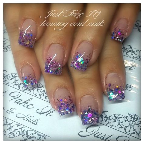 Natural With Glitter Nails, Fun Sparkly Nails, French Tip Nails With Sparkle, Glittery Nails Sparkle, Sparkly Ombre Nails, Purple Sparkly Nails, Amazing Nail Art, Purple Glitter Nails, Heart Nail Designs