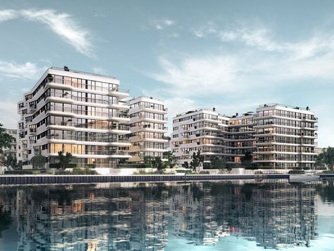 GRAFT Designs WAVE, a Green Oasis Along the Berlin Waterfront Waterfront Architecture, Residential Architecture Apartment, Architecture Render, Modern Residential Architecture, Waterfront Apartments, Warehouse Design, Green Oasis, Apartment Architecture, Social Housing