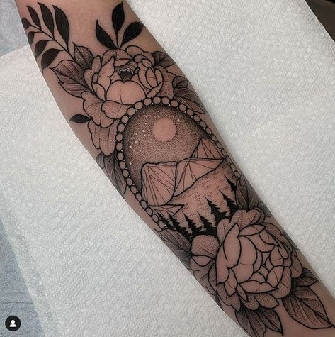 Floral And Mountain Sleeve Tattoo, Mountain Sleeve Tattoo Women, Lower Arm Tattoos For Women Unique, Mountain Sleeve Tattoo, Sunflower Mandala Tattoo, Arm Cover Up Tattoos, Unique Half Sleeve Tattoos, Cowgirl Tattoos, Bookish Tattoos