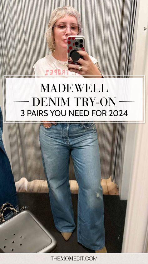 Click through to the blog for the full try-on + review | After a recent trip to Madewell, these 3 pairs of jeans came home as winners for fall 2024. | #TheMomEditStyle #FashionBlog #Madewell #DenimTryOn #DenimReview #WideLegJeans #CuffedJeans #JeansOutfit Madewell 90s Straight Jeans Outfits, Madewell Stovepipe Jeans Outfit, Jeans Fall 2024, Madewell Jeans Outfit, Madewell Wide Leg Jeans, Madewell Fall, Madewell Outfits, Straight Jeans Outfit, Madewell Style