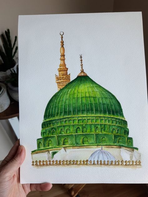 Handmade watercolor Masjid an-Nabawi painting, madinah wall art, prophet mosque, Muslim home gift by Fineartderya on Etsy Islamic Image Hd, Mosque Drawing, Masjid Nabawi, Painting Colors, Calligraphy Art Print, Simple Canvas Paintings, Islamic Artwork, Islamic Paintings, Art Painting Gallery