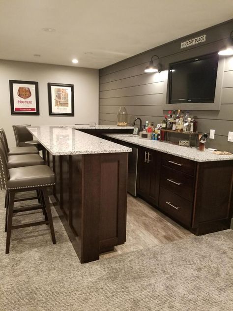 Basement Kitchen Ideas With Bar, Bar In Family Room Ideas, Small Basement Bar With Seating, Bar Next To Dining Table, Finished Bathroom Ideas, How To Build Bar, Basement Kitchen Island Ideas, Full Bar Ideas For Home, Easy Basement Bar