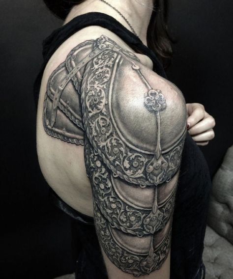 Armor Pauldron, Jamie Tattoo, Armor Sleeve Tattoo, Ugly Tattoos, Body Architecture, Armour Tattoo, Shoulder Armor Tattoo, David Tattoo, Armor Tattoo