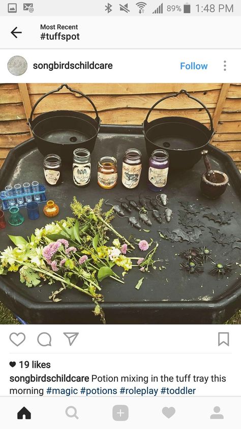 Magic Potions Tuff Tray, Potion Play Ideas, Halloween Curiosity Approach, Potion Provocation, Potion Making Tuff Tray, Witches Potion Sensory Play, Curiosity Approach Halloween, Preschool Potion Making, Potion Making Party