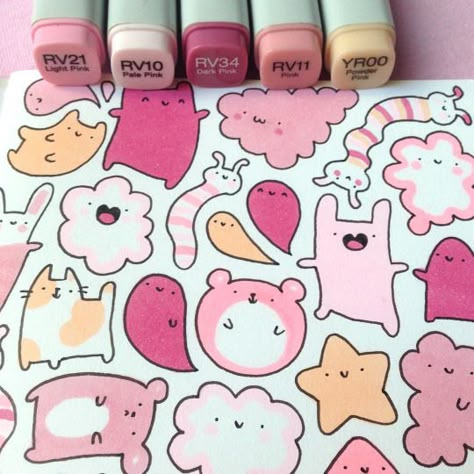 markers Pink Drawing Ideas, Pink Doodles, Doodles Sketchbooks, Copic Marker Drawings, Kawaii Doodle, Pink Drawing, New Sketchbook, Drawing Doodles, Copic Marker Art