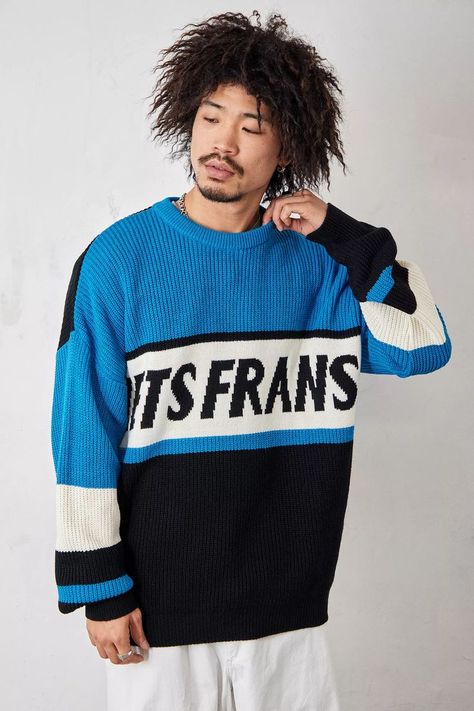 Ski-inspired knitted jumper from iets frans... Features a crew neck, drop shoulders, long sleeves and fitted cuffs. Topped with a striped colour-block design and brand logo to chest. Only at UO. Colour Block Sweater, Ski Jumper, Blue Jumper, Blue Fits, Color Block Sweater, Colour Block, Knitted Jumper, Brand Logo, Color Blocking