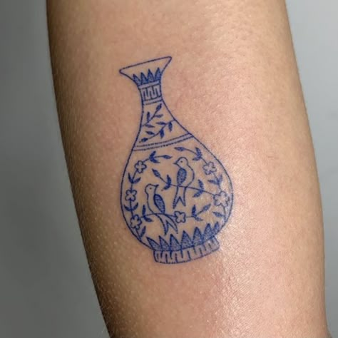 Vase Tattoo, Birds Singing, Handpoke Tattoo, Poke Tattoo, Blue Birds, Dainty Tattoos, Little Tattoos, Blue Vase, Simplistic Tattoos