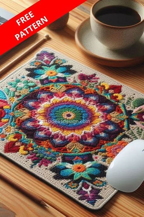 Add a touch of handmade beauty to your workspace with a vibrant crochet mandala mouse pad. Learn how to create this stunning and functional accessory with our detailed pattern. Free Mandala Crochet Patterns, Motif Mandala Crochet, Crochet Stitches Guide, Crochet Mandala Pattern, Crochet Wall Hangings, Crochet Mouse, Crochet Blocks, Crochet Bookmarks, Crochet Patterns Free Blanket