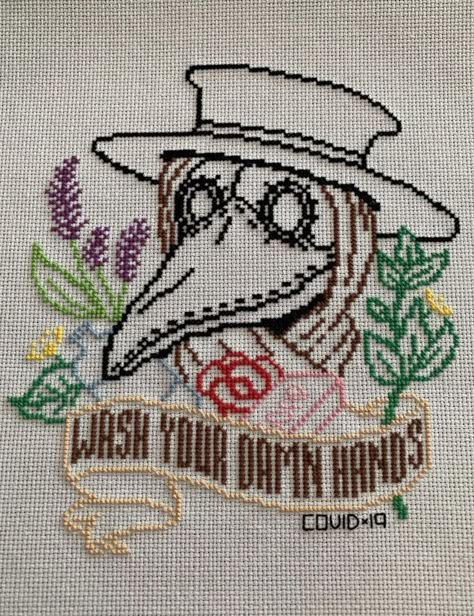 I see this and hear Cardi B shouting 'coronaaaavviiiiiiiirrruuuussss'! Subversive Cross Stitch, Cross Stitch Funny, Plague Doctor, World Photo, Stitching Art, Embroidery Inspiration, Filet Crochet, Cross Stitch Art, Diy Embroidery