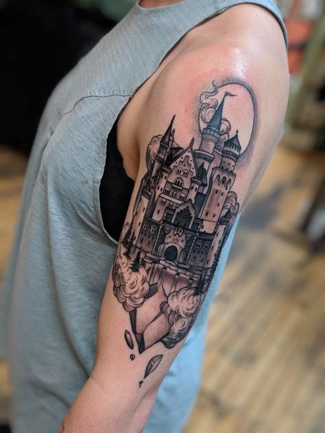 Ladder Tattoo, Floating Castle, Disney Sleeve Tattoos, Stained Glass Tattoo, Trad Tattoos, Glass Tattoo, Castle Architecture, Artsy Tattoos, Castle Tattoo