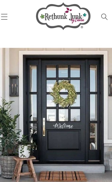 Black Front Door With White Sidelights, Black Front Door White Sidelights, Black Exterior Door With Sidelights, Black Entry Doors With Sidelights, Black Entry Door With Sidelights, Black Front Door One Sidelight, Black Front Door With Sidelights, Front Door Inspiration, Traditional Front Doors