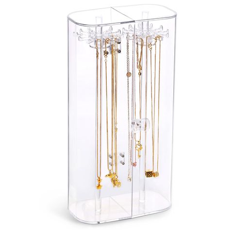 Necklace Storage Ideas, Vertical Necklace Organizer, Jewelry Organizer Aesthetic, Dresser Bathroom Vanity, Earring Organizer Chain, Mirror Jewelry Storage Walmart, Rotating Organizer, Hanging Jewelry Box, Necklace Stand Acrylic