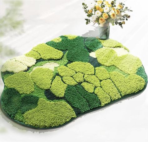 RORA cute green moss bathroom rug features a special cloud-shaped design with vivid layers of color, adding a unique visual experience to your bathroom. Made of 100% microfiber polyester, it is soft, ultra-absorbent, and comfortable to step on. The non-slip TPR rubber backing ensures safety on wet floors, and the rug is machine washable for easy cleaning. With its cute design and durability, this moss bathroom rug is a great choice for decorating your bathroom. Moss Bathroom, Moss Bath Mat, Green Bathroom Rugs, Rugs Cute, Bathroom Decor Rugs, Aesthetic Bath, Green Bathroom Decor, Moss Rug, Boho Bathroom