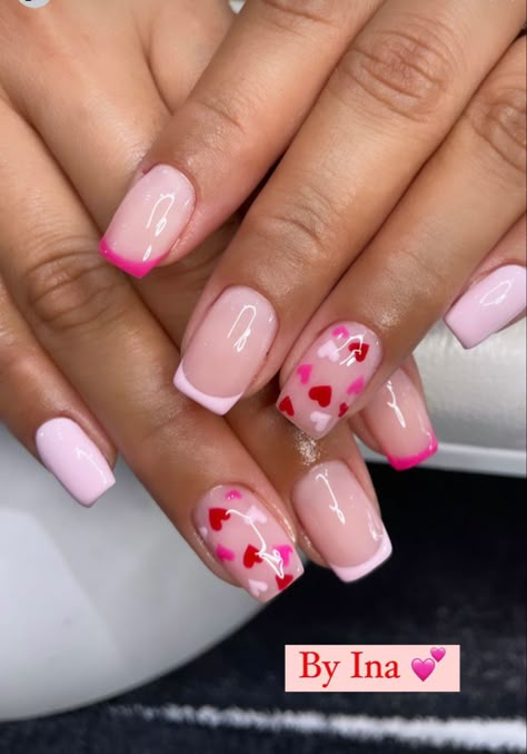 Pink Cute Valentines Nails, Short Medium Valentines Nails, Short Almond Acrylic Nails Design Valentines, Short Nail Valentines Designs, Square February Nails, Feb Nail Ideas, Valentines Day Nails Basic, Trending Nails Square, Valentines Nails Pink Short