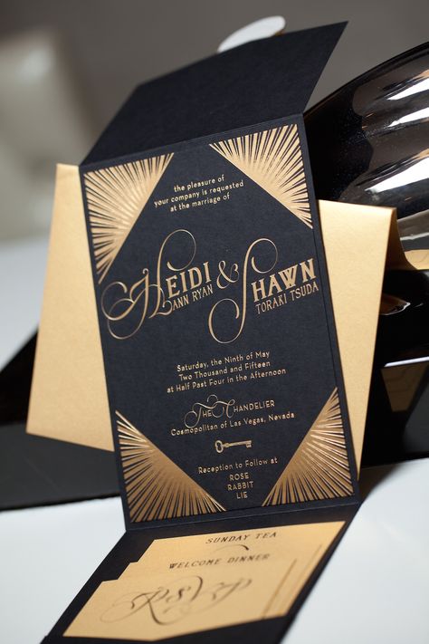 Art Deco Wedding Invitations: Heidi and Shawn | Gold Foil | http://www.paperandhome.com/art-deco-wedding-invitations-heidi-and-shawn/ Non Traditional Wedding Ring, Deco Wedding Invitations, Art Deco Invitations, Art Deco Wedding Invitations, 1920s Wedding, Gatsby Wedding, Deco Wedding, Style Deco, Art Deco Wedding