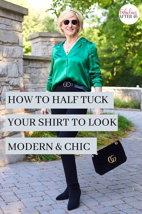 Shirt Tuck In Ideas, How To Partially Tuck In Your Shirt, How To Tuck A Blouse Work Outfits, Tuck In Blouse How To, Tucked In Shirt Outfit High Waist, Womens Collared Shirt Outfits, How To Half Tuck In Shirt Women, How To Tuck In Button Down Shirt Women, How To Tuck In Blouse Women