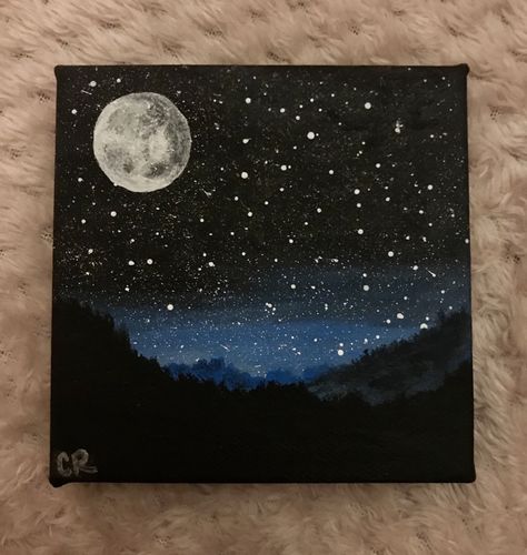 Night Stars Painting Easy, Night Time Paintings Easy, Simple Dark Painting Ideas, Black Canvas Christmas Painting, Dark Paintings Ideas Easy, Space Painting Ideas On Canvas, Canvas Night Painting, Black Sky Painting, Simple Space Painting