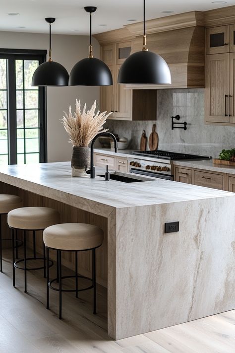 Step into luxury with the latest kitchen design! This elegant space features sleek black pendants, a marble countertop island, and beautiful oak cabinetry. Perfect for hosting or everyday use. #KitchenInspo #HomeDesign #InteriorDecor Black Pendants, Vintage Kitchens, Beautiful Cabins, Ideas Casa, Granny Flat, Marble Countertop, Kitchen Farmhouse, Elegant Kitchens, House Design Kitchen