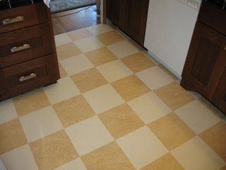 Marmoleum Kitchen, Marmoleum Floors Kitchen, Modern Linoleum Flooring, Asphodel Meadows, Checkered Floor Kitchen, Shoe Moulding, Vct Flooring, Marmoleum Floors, Cottage Flooring