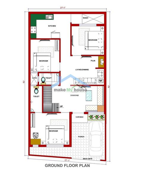 Make My House Online House Plan 26*50 House Design Plan 1300 SQFT Floor Plan South Facing - Second Floor Plan - Online South Facing House, 30x40 House Plans, Indian House Plans, Little House Plans, Duplex House Plans, House Layout Plans, Duplex House Design, Model House Plan, Traditional House Plans