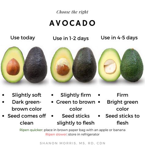 Avocados change as quickly as the blink of an eye! Use these simple tips and you’ll be an avocado expert in no time! If you are buying avocados individually, choose avocados at different ripeness levels to avoid having them all go bad at once. Also, make sure to plan out how you’ll use the avocados before buying to prevent food waste - smoothies, toast, guac, salads, and baked goods are some ideas! How To Choose Avocado, How To Pick A Good Avocado, How To Use Avacodos, Dehydrating Avocado, How To Save Avocado Half, Ways To Eat Avocado, Chef Kitchens, Fitness Programs For Women, Avocado Uses