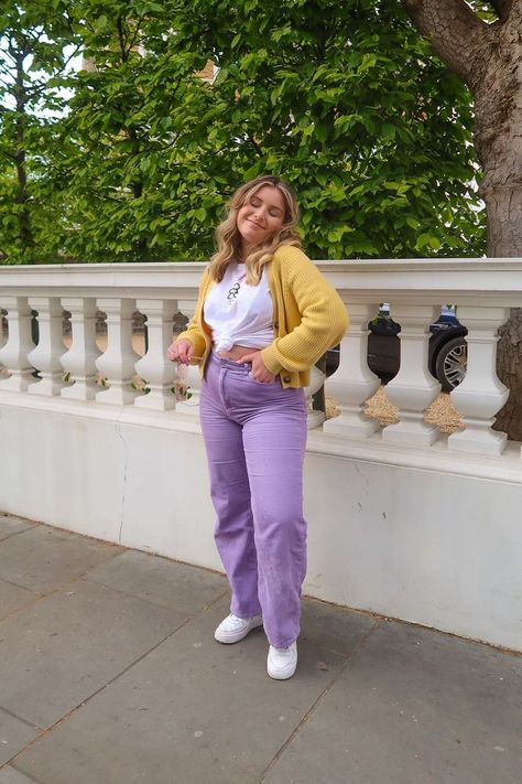 Loving a little purple yellow moment! Shop my look below! Yellow Jeans Outfit, Purple Jeans Outfit, Yellow Cardigan Outfits, Purple Pants Outfit, Colored Jeans Outfits, Flair Jeans Outfit, Cardigan Jeans, Boneless Wings, Yellow Clothes