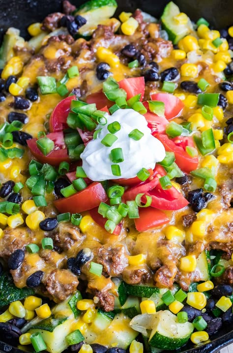 This easy cheesy One Pan Zucchini Taco Skillet is ready to rock your weeknight dinner game in record time! Gluten-Free with t-rex and vegetarian versions. Zucchini Beef Skillet, Pan Zucchini, Zucchini Beef, Taco Skillet Recipe, Mexican Zucchini, Beef Skillet, Taco Skillet, Cheesy Zucchini, Skillet Meals