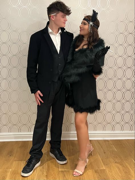 Gatsby Halloween Costume Couple, Flapper And Mobster Costume, Gangster Halloween Costume Couple, 1920 Couple Costume, Flapper And Gangster Costumes, 1920s Costume Couple, Roaring 20s Couple Costume, Roaring 20s Party Outfit Couple, 20s Couple Costume