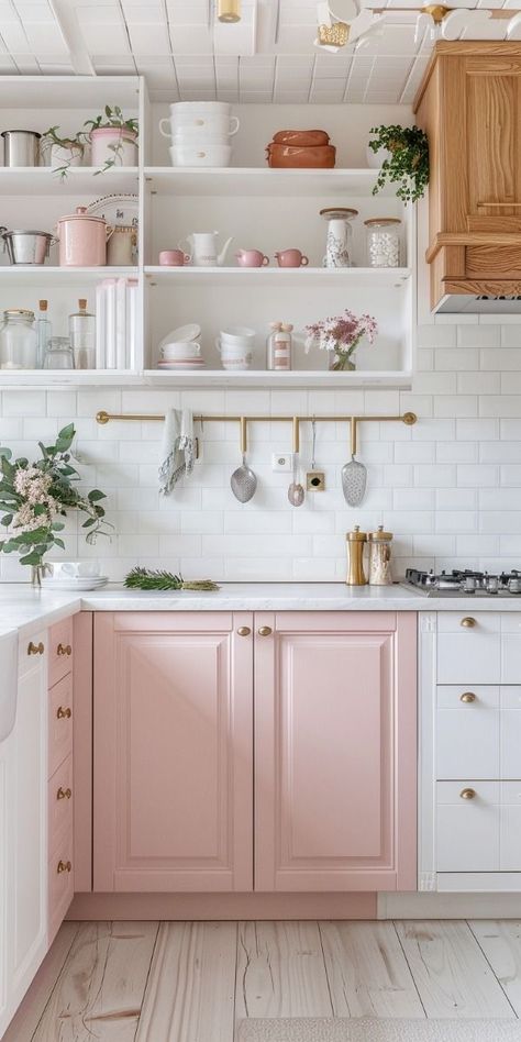 Pink Kitchen Cabinets, Pink Kitchen Ideas, Girly Kitchen, Bohemian Kitchen Decor, Boho Chic Kitchen, English Cottage Kitchens, Pink Kitchens, Pastel Furniture, Dreamy Kitchens