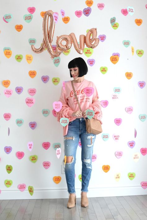 Conversation Heart Photoshoot, Outfits From Your Closet, Valentines Photo Booth, Heart Art Projects, Valentine Backdrop, Dress Over Jeans, Into Fashion, Valentine Photography, Closet Makeover