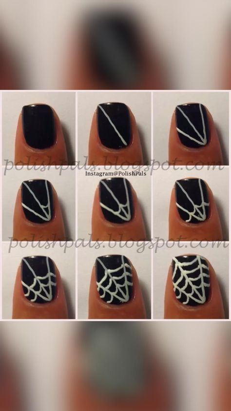 Spider Web On Nails, Spider Web Nails Easy, Spiderweb Nail Art, Spider Web Nails, Web Nails, Sugar Skull Nails, Halloween Nail Art Tutorial, Nail Art Halloween, Holloween Nails