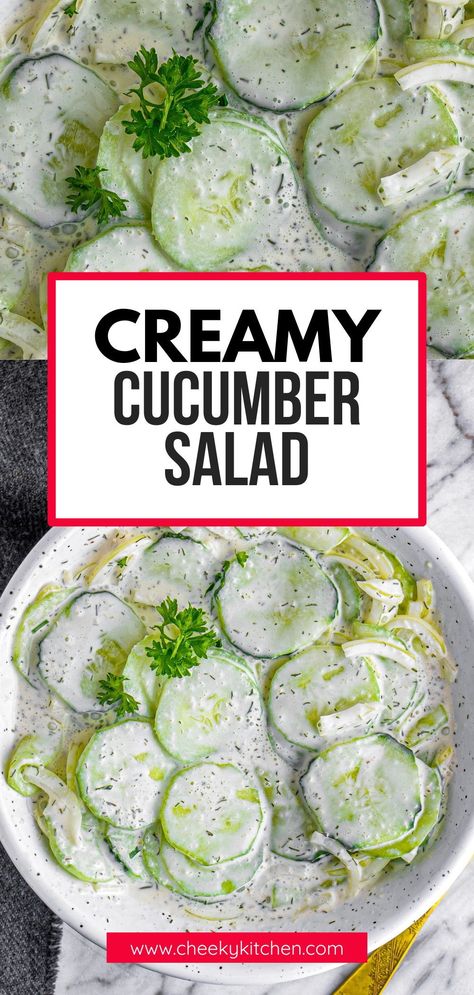 If you’re getting tired of the same side dishes, you might like to try this creamy cucumber salad to switch things up a little. Expect crispness from the cucumber, sweetness from the sugar, a touch of piquancy from the onion and vinegar, and additional flavors from the garlic and dill weed. Cucumber Salad With Vinegar And Sugar, Cucumber Salad Vinegar, Easy Cucumber Salad, Cucumber Dill Salad, Creamed Cucumbers, Cucumber Canning, Cucumber Dill, Creamy Cucumber Salad, Cucumbers And Onions